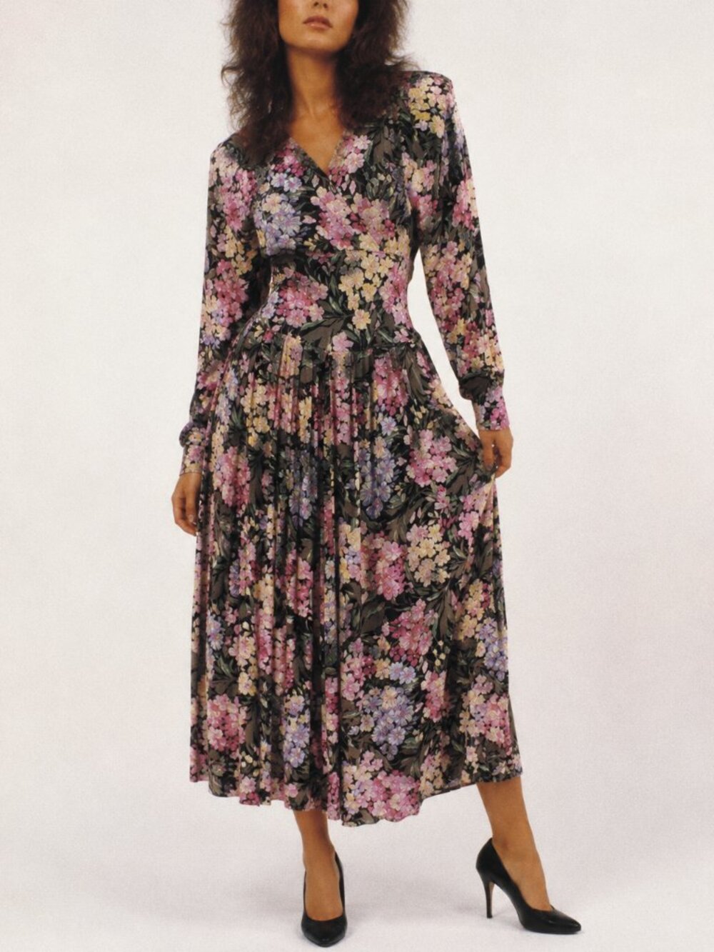 Vintage 80's Floral Print Long Sleeve Maxi Dress